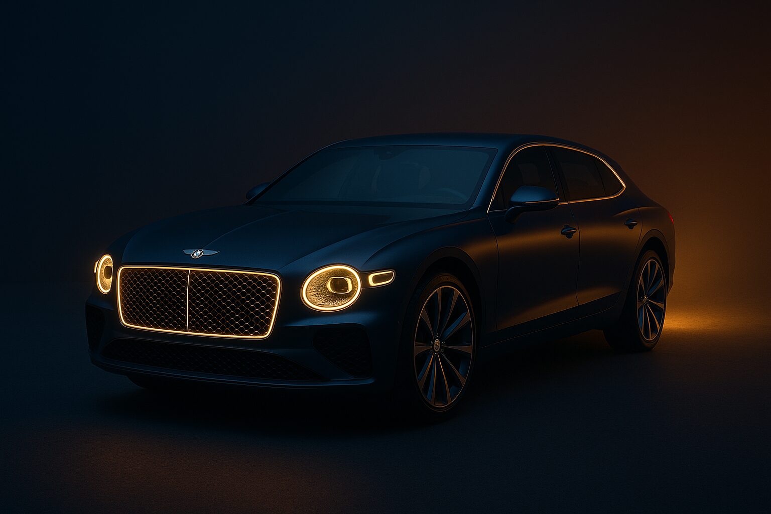 A front-left view of a sleek Bentley electric vehicle in deep navy with illuminated gold accents, styled to match Borro’s luxury aesthetic.