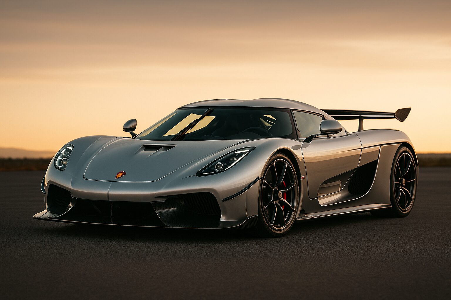 Silver Koenigsegg CC850 hypercar photographed at sunset on open asphalt, highlighting its aerodynamic curves, rear wing, and signature Swedish performance design.
