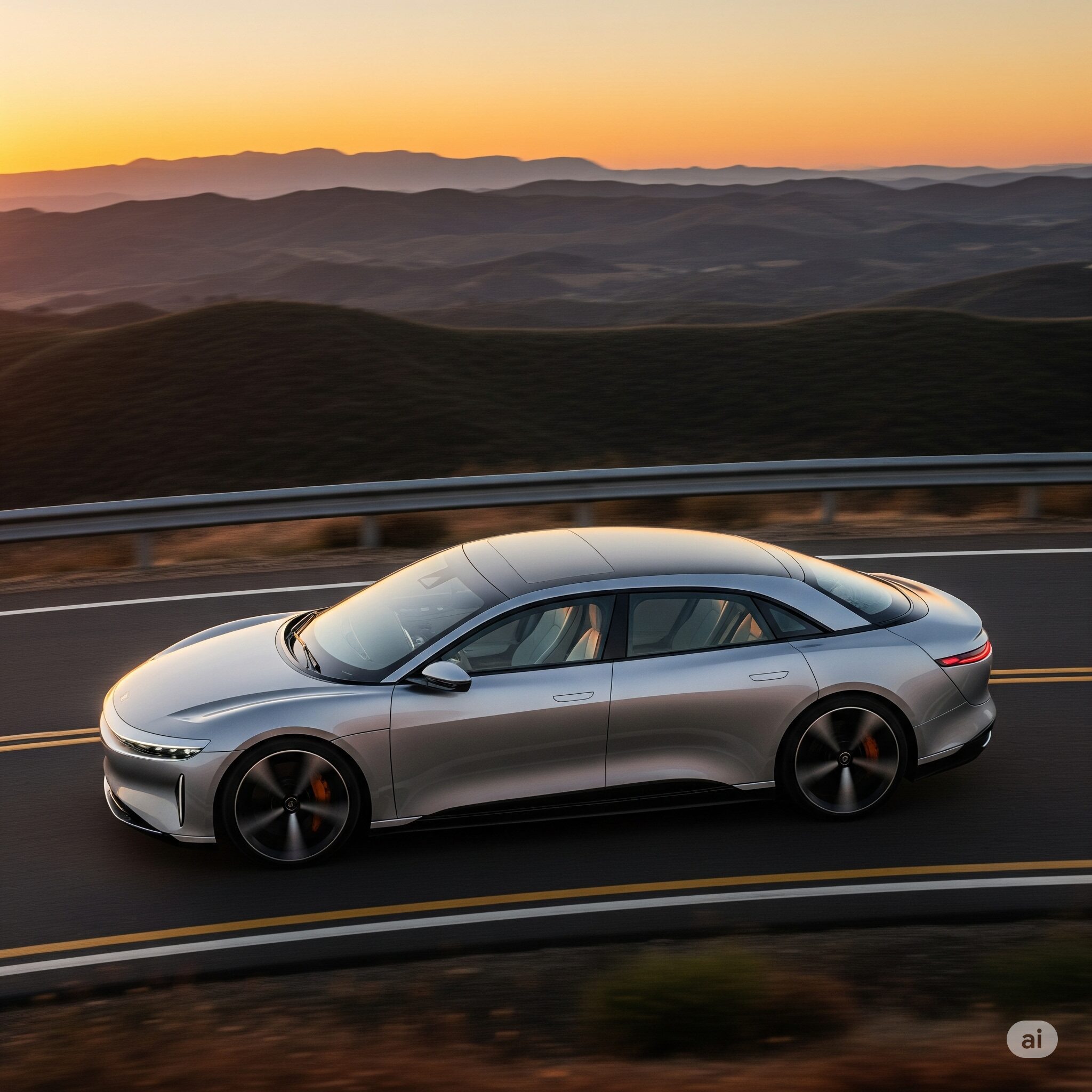Lucid Air Grand Touring electric car on a scenic road.