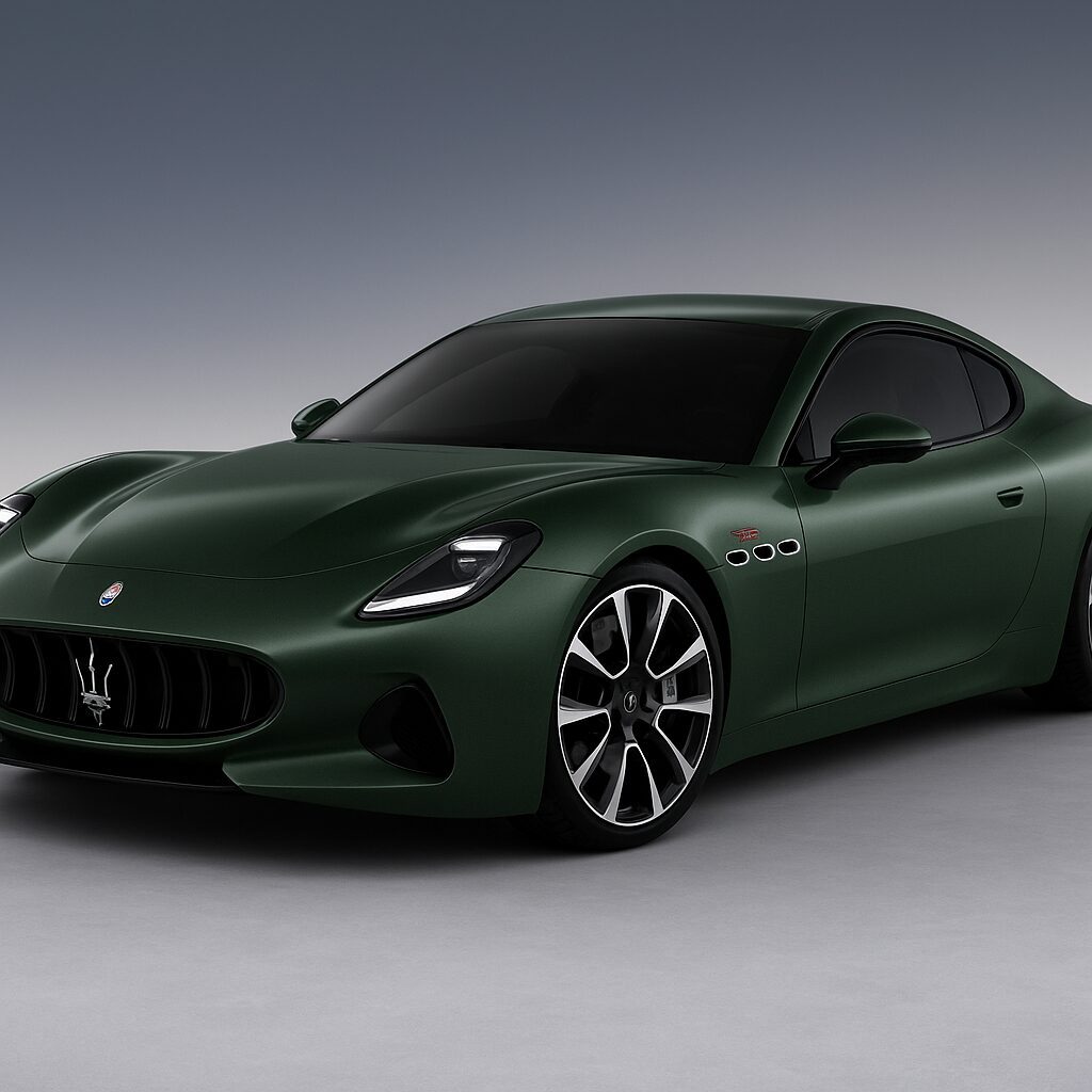 A deep green Maserati GranTurismo Folgore electric sports car photographed in a studio with clean lighting, showcasing its sleek lines, chrome grille, and aerodynamic profile.