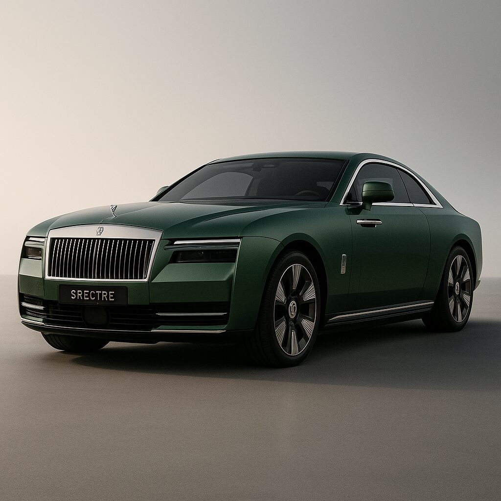 A metallic green Rolls-Royce Spectre electric coupe photographed in soft light on a clean gray surface, showing its sculpted lines, chrome grille, and luxury proportions.