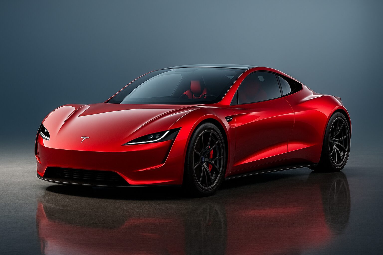 A red Tesla Roadster electric supercar photographed in soft studio lighting on a reflective dark surface, shown at a three-quarter front angle.